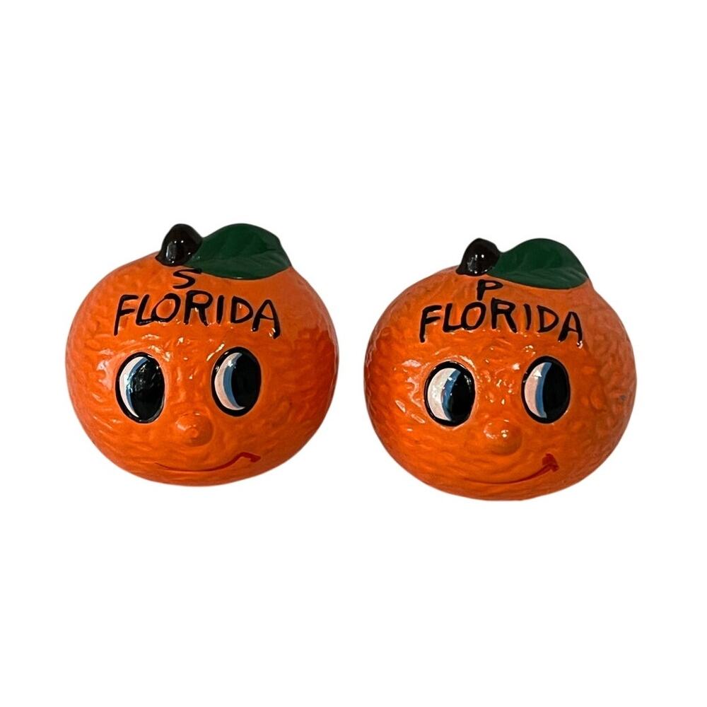 Vtg Anthropomorphic Florida Orange Salt Pepper Shakers Souvenir Kitsch Retro Set